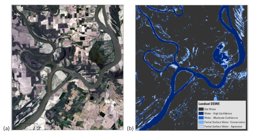 This figure shows a Landast image taken on April 12, 2021 showing the confluence of the Wabash and Ohio Rivers, and a DSWE image derived from the Landsat image showing the confluence of the Wabash and Ohio Rivers.