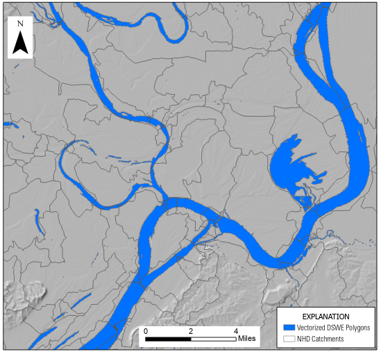 This figure shows processed DSWE polygons after being intersected with National Hydrography Dataset (NHD) catchment polygons to assign a unique identifier to the DSWE polygon dataset so each inundation polygon may be indexed to the NHD stream segments and other features. The polygons shown depict the confluence of the Wabash and Ohio Rivers and are overlain upon a digital elevatin model.