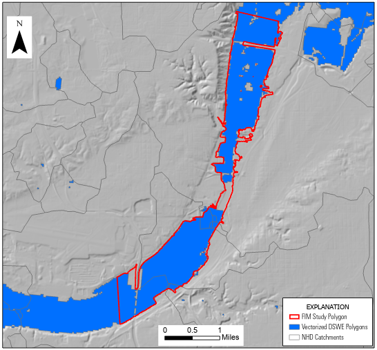 This figure shows a comparison between derived DSWE polygons and the result of a traditional USGS flood inundation map (FIM) study for the purpose of validating the DSWE workflow.