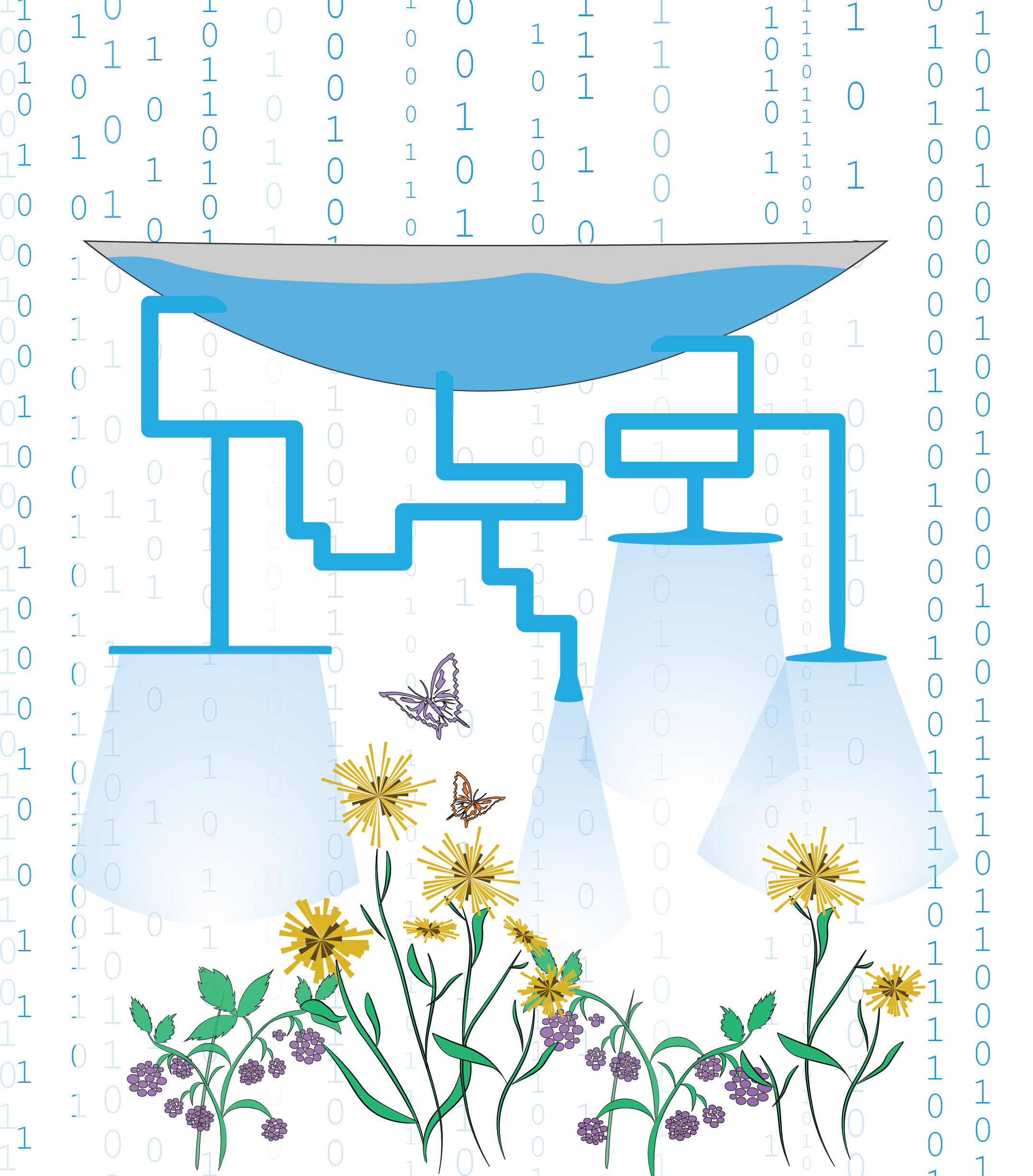 Image with a large tub collecting data rain that then travels down tubes until it is released on to plants as an irrigating mist. The rain falls on a colletion of flowers and fruit. Intermixed are some pollinating butterflies.