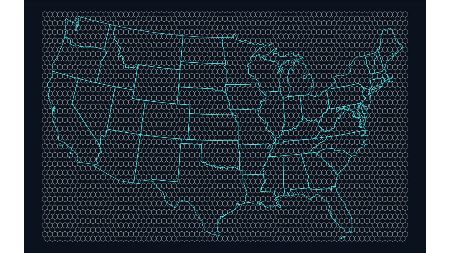 A map of the contiguous United States with the states each outline in cyan. Overlaying the states is a hexagonal grid in light grey. The hexagons are sized such that Iowa is approximately 7 hexagons wide and 5 hexagons tall.