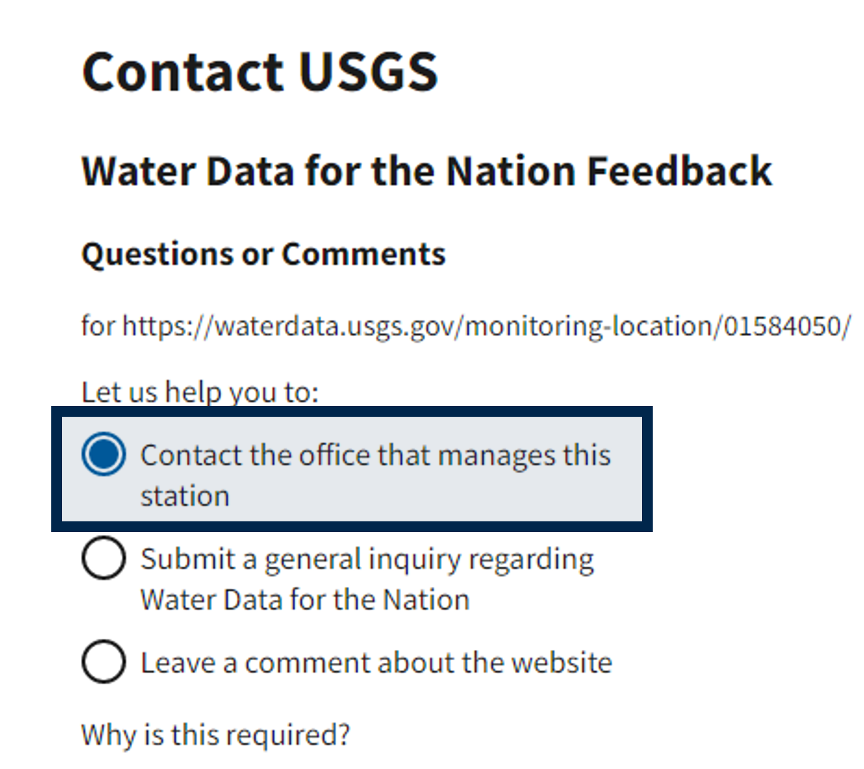 If you want the median data for a specific parameter at a specific location, click the &lsquo;Questions or Comments&rsquo; button on any monitoring location page (see previous screenshot) and select the &lsquo;Contact the office that manages this station&rsquo; option to talk to the Water Science Center associated with that monitoring location.