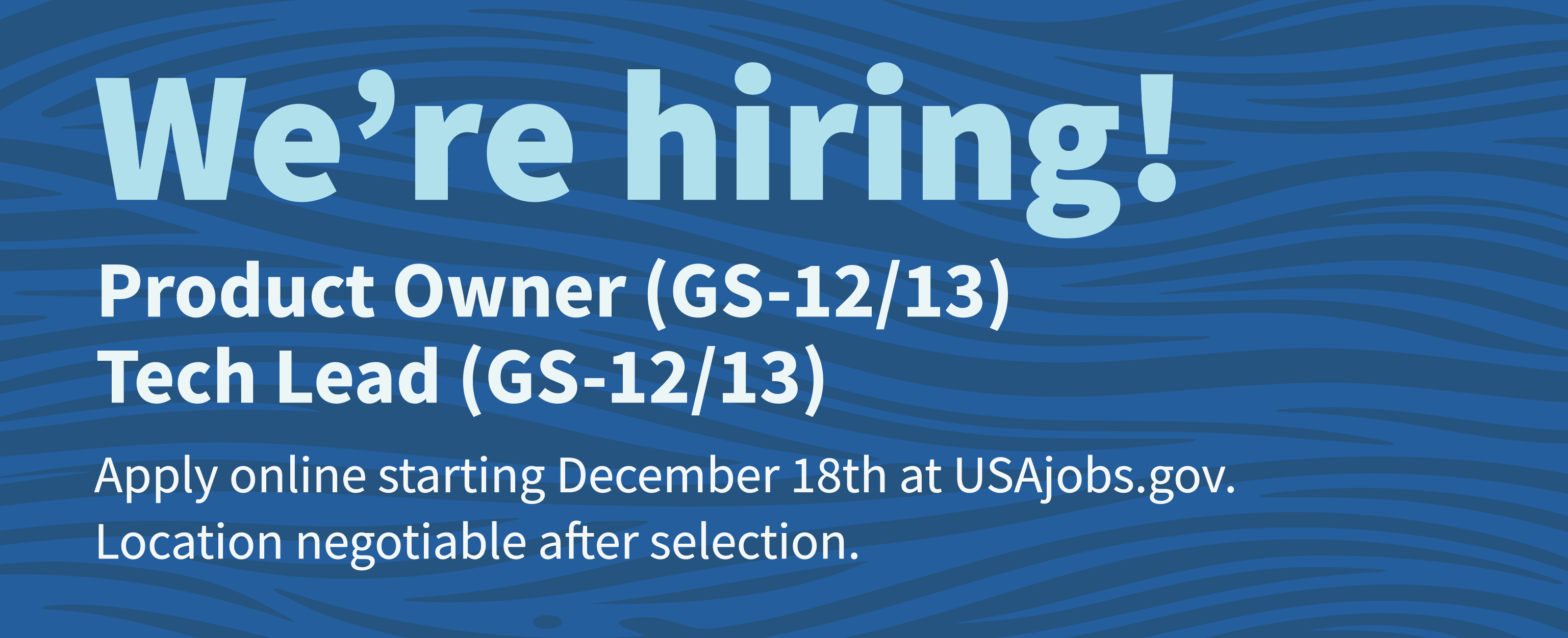 An banner announcing a cluster hire for Interdisciplinary Scientists in the USGS water mission area. There are multiple permanent federal positions open at GS11, 12, and 13. Applications opening Dec 18th 2023, apply online at usajobs.gov