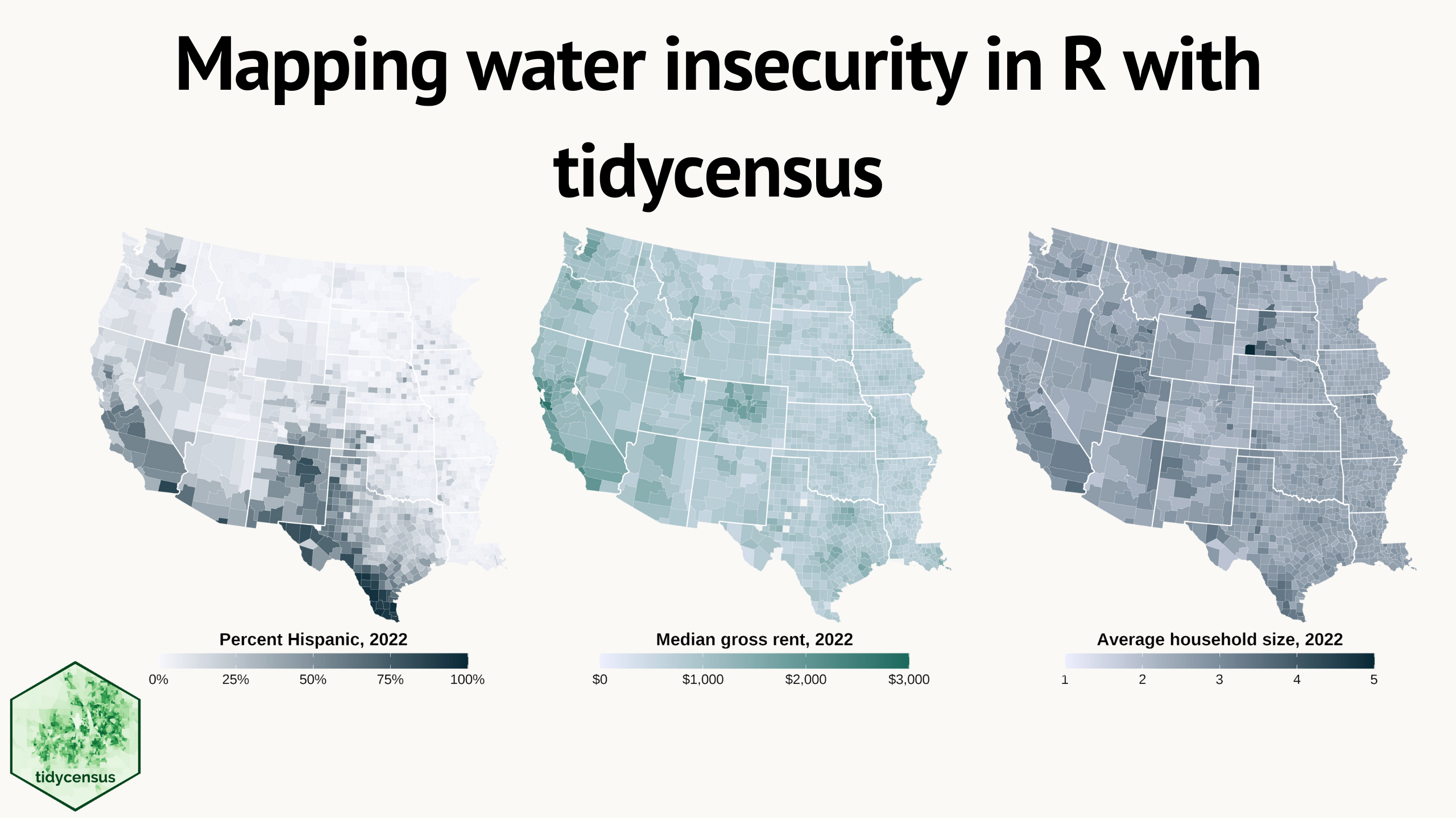 Banner that displays three choropleth maps displaying percent hispanic, median gross rent, and average household size using 2022 U.S. Census Bureau Data.