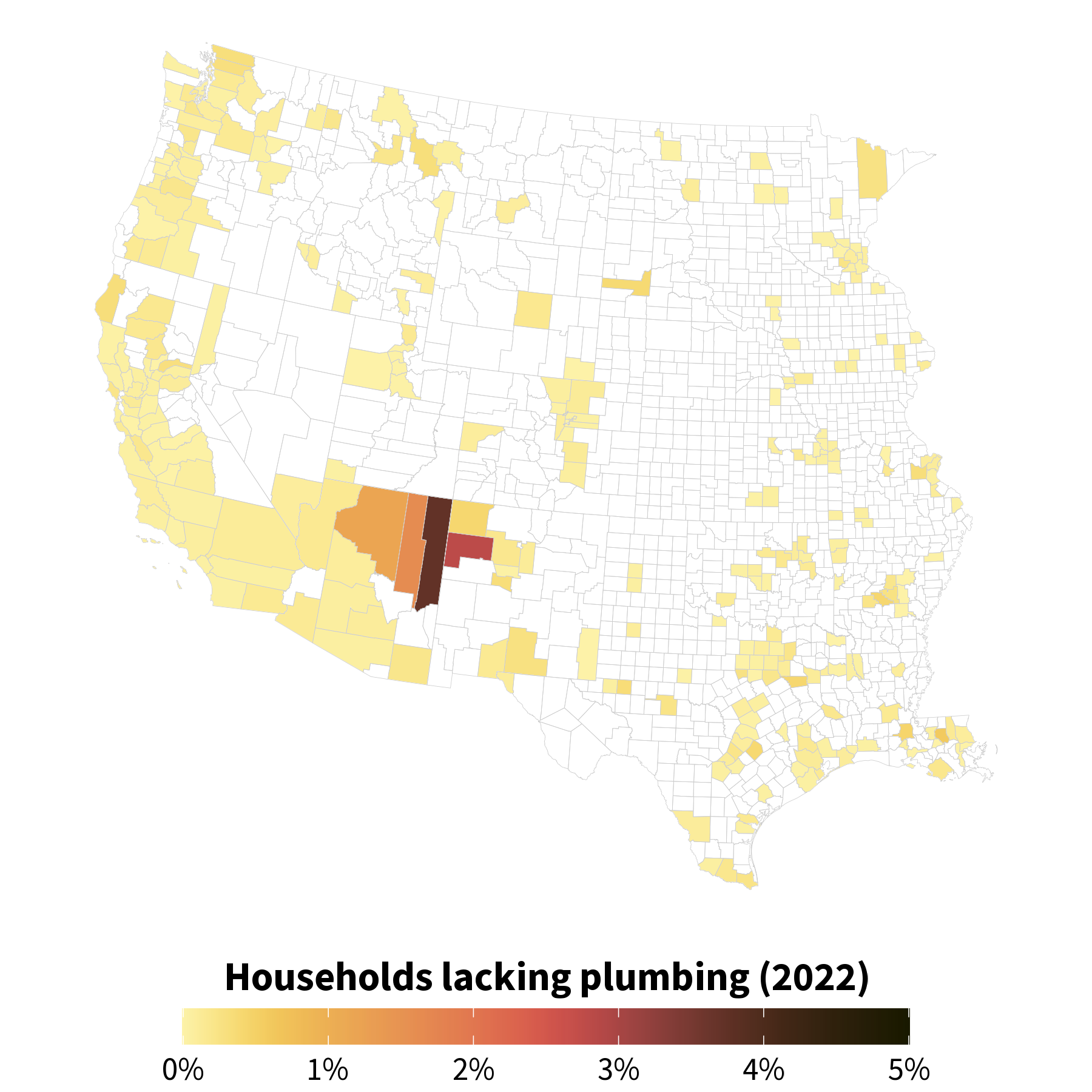 Choropleth map of percent of households lacking plumbing facilities in 2022 across counties in the Western U.S. Counties with the greatest percent of lacking plumbing facilities include Apache County, AZ (3.7%), McKinley County, NM (2.8%), and Navajo County, AZ (1.6%).