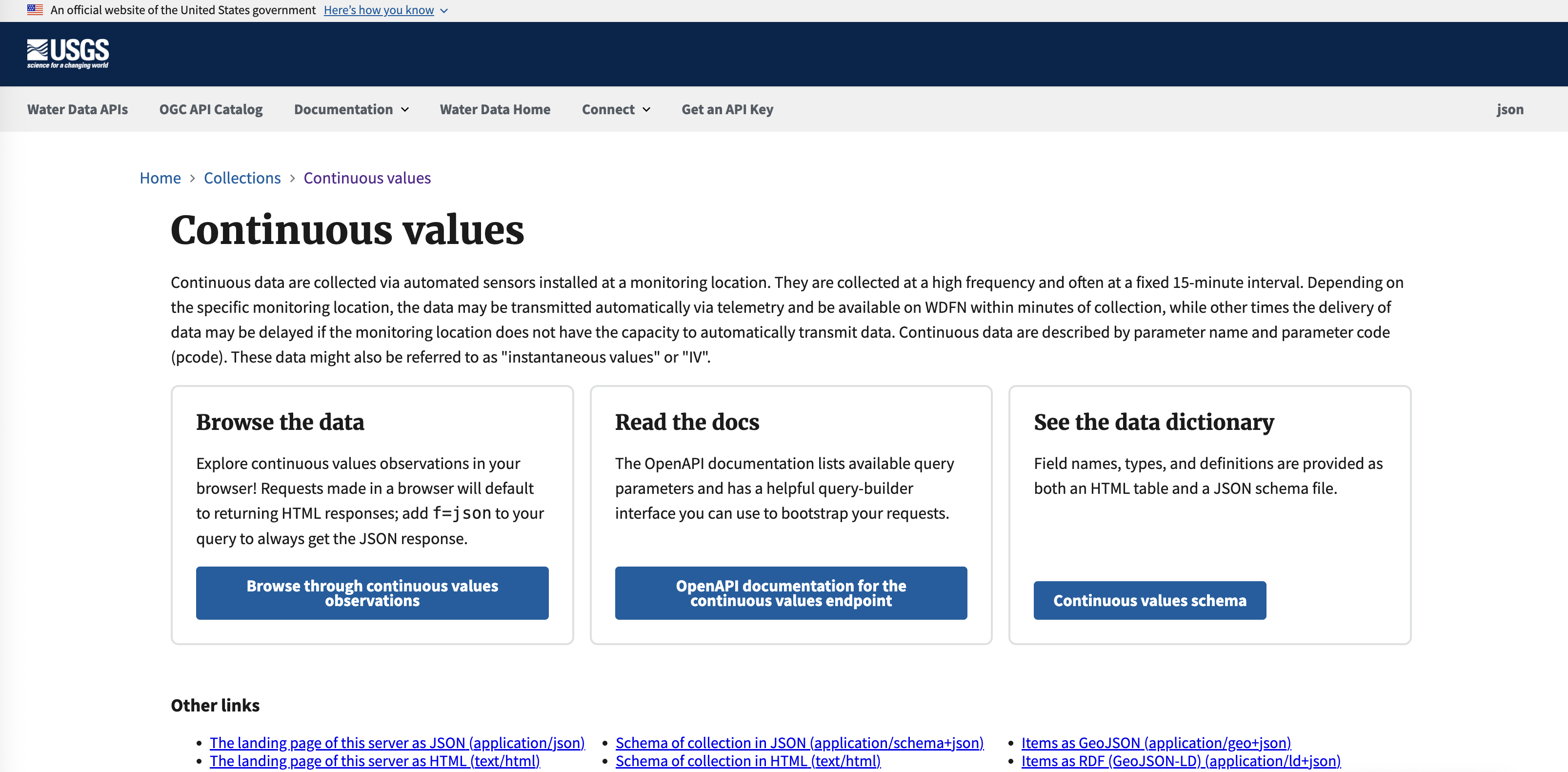 Screenshot of the new Water Data API user interface for Continuous water data.