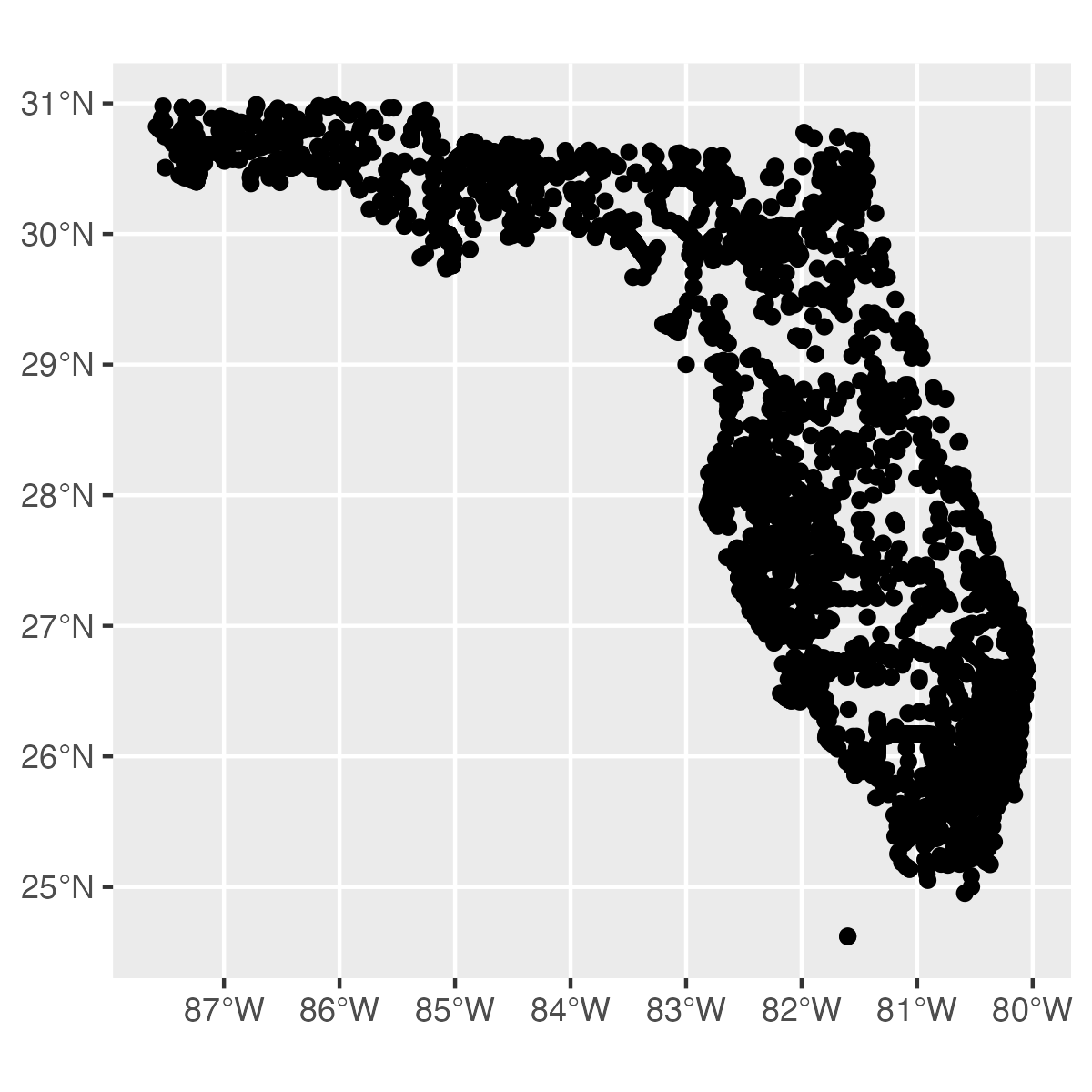 Simple map of Florida streamgages as black dots.