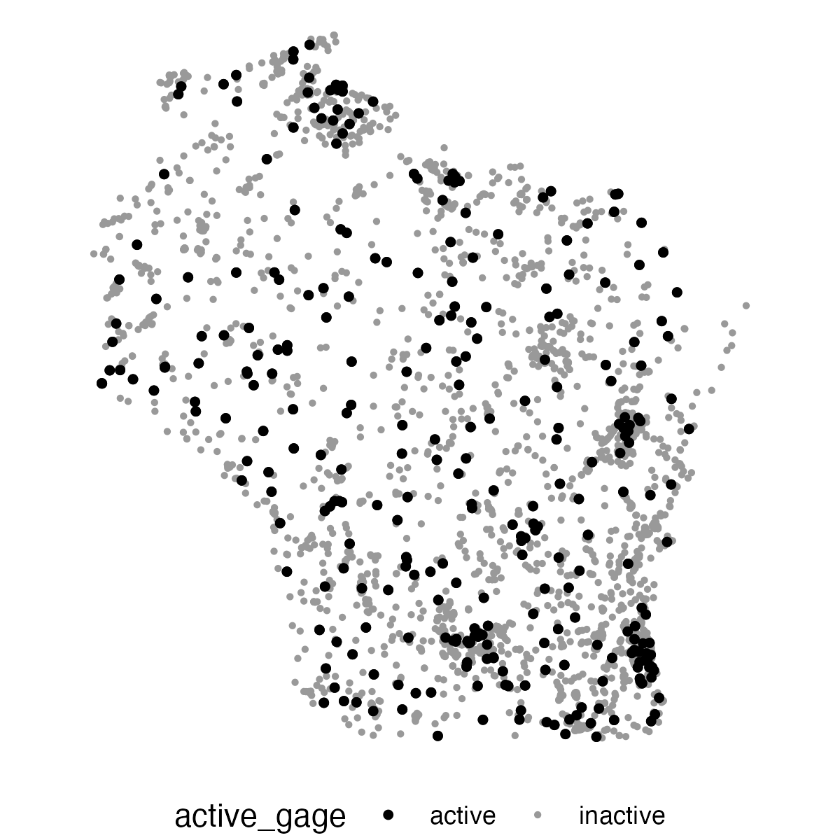 Simple map of Wisconsin streamgage sites with active sites as black dots and inactive sites in grey.