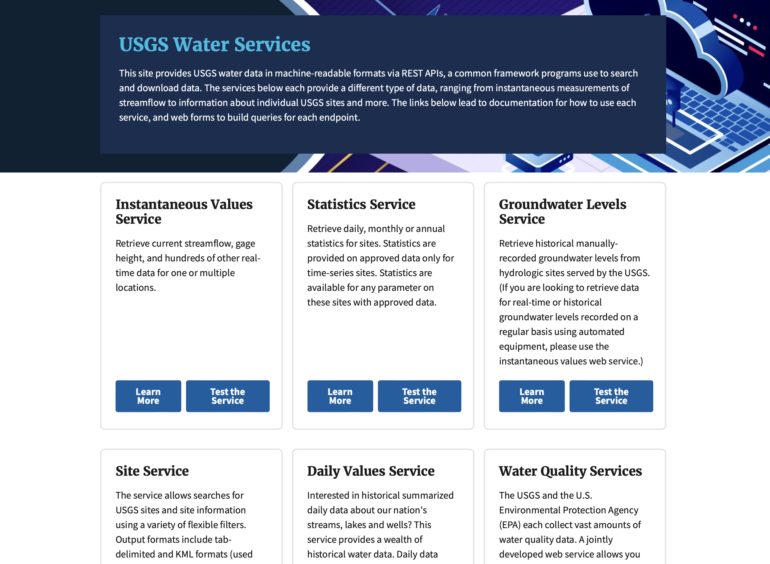 Screen shot showing the important links in waterservices.gov.