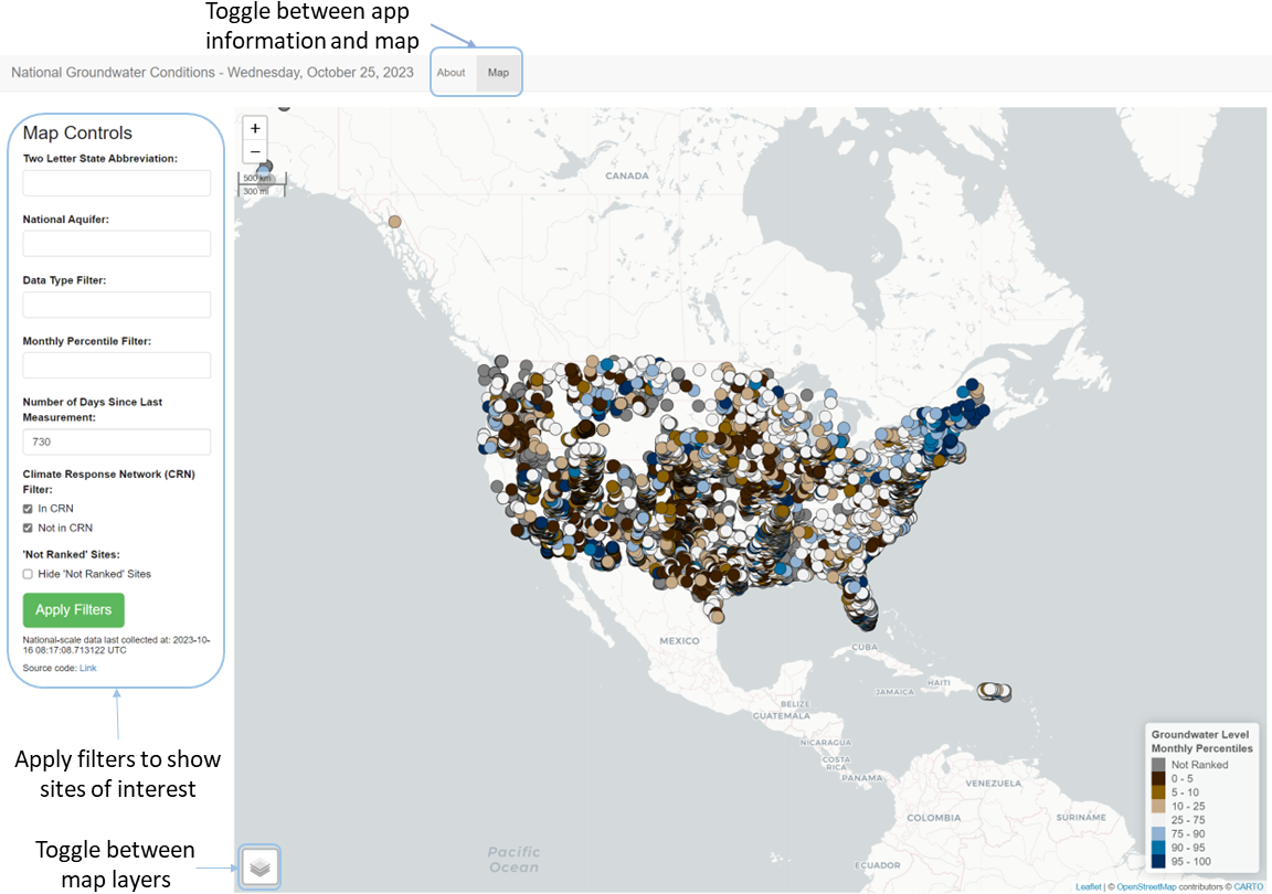 Landing page for the national mapping application. Use the Map Controls pane on the left to select sites of interest and click &lsquo;Apply Filters’ to update the map. Users can modify the base map and add layers such as national aquifer boundaries.