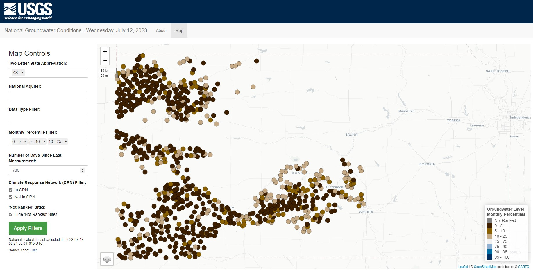 An example query selecting a single state (Kansas, KS) for sites that are currently experiencing below average water levels (defined here at 25% of normal and below). The “Hide ‘Not Ranked’ Sites” option was selected, which restricts the data to sites with at least 10 years of data, which is the minimum record length.