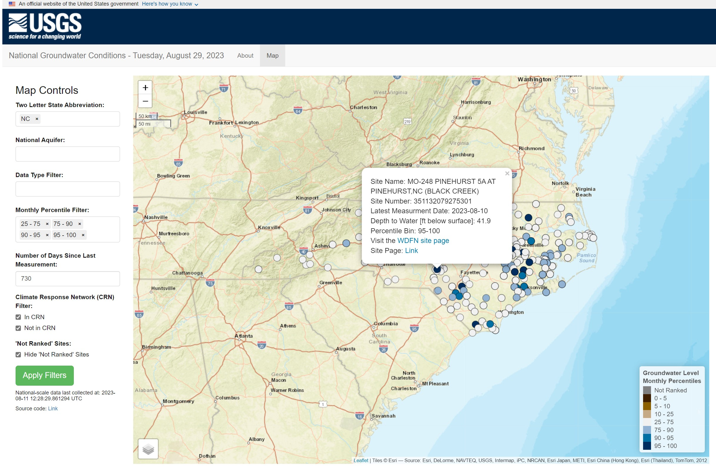 Click on a monitoring location from the map to open a pop-up window with location metadata and links to location-specific pages. The “Site Page” link opens a new browser tab with a site report, which displays a table of summary information as well as monthly groundwater level statistics plots and a site statistics summary table. The “WDFN site page” link takes a user to the WDFN monitoring location page.