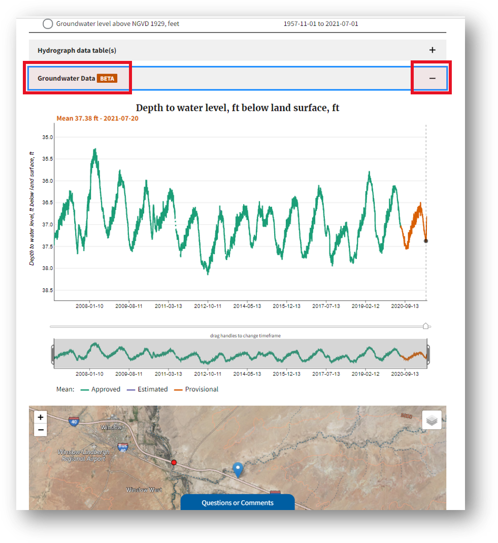 Screenshot that shows the nearby monitoring locations on the map for monitoring location 350002110355501 which is associated with a WELL in NAVAJO COUNTY, ARIZONA.