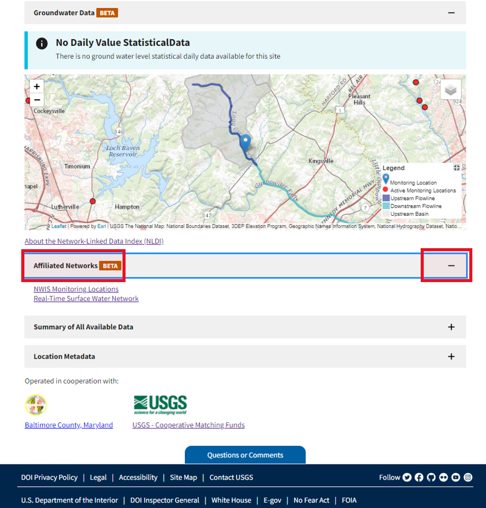 Screenshot that shows the affiliated networks for Long Green Creek at Glen Arm, MD.