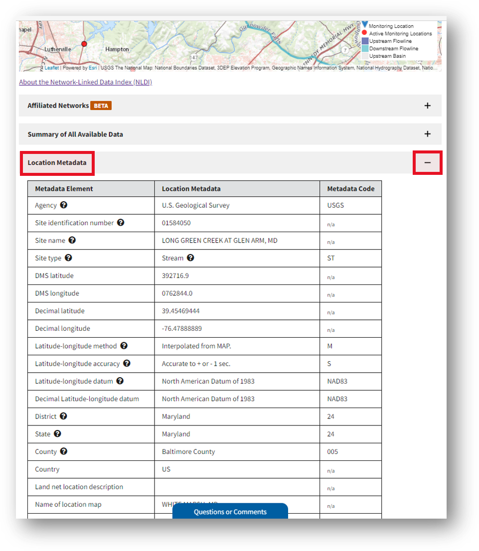 Screenshot that shows the location metadata for Long Green Creek at Glen Arm, MD.