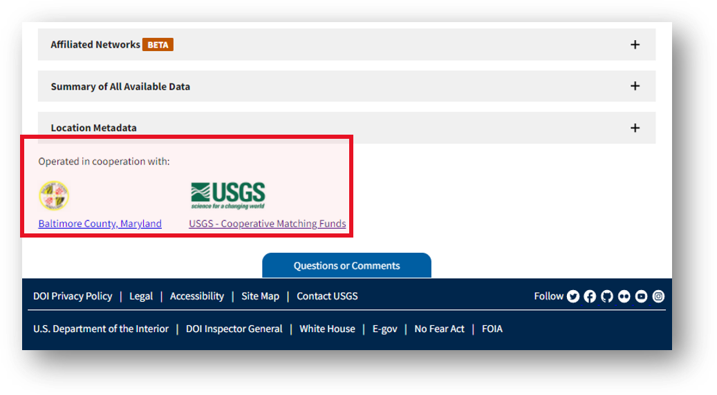 Screenshot that shows the cooperators associated with this particular monitoring location at Long Green Creek at Glen Arm, MD.