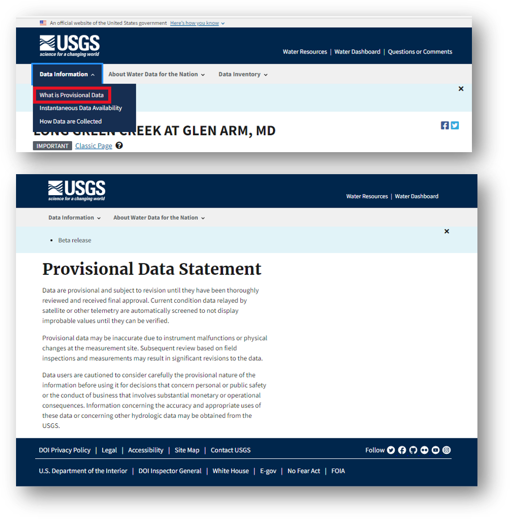 Screenshot that shows a second pathway to view the provisional data statement.