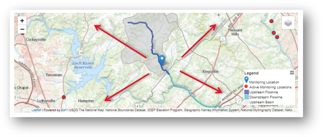 Screenshot that shows the ability to interact with the map for Long Green Creek at Glen Arm, MD.