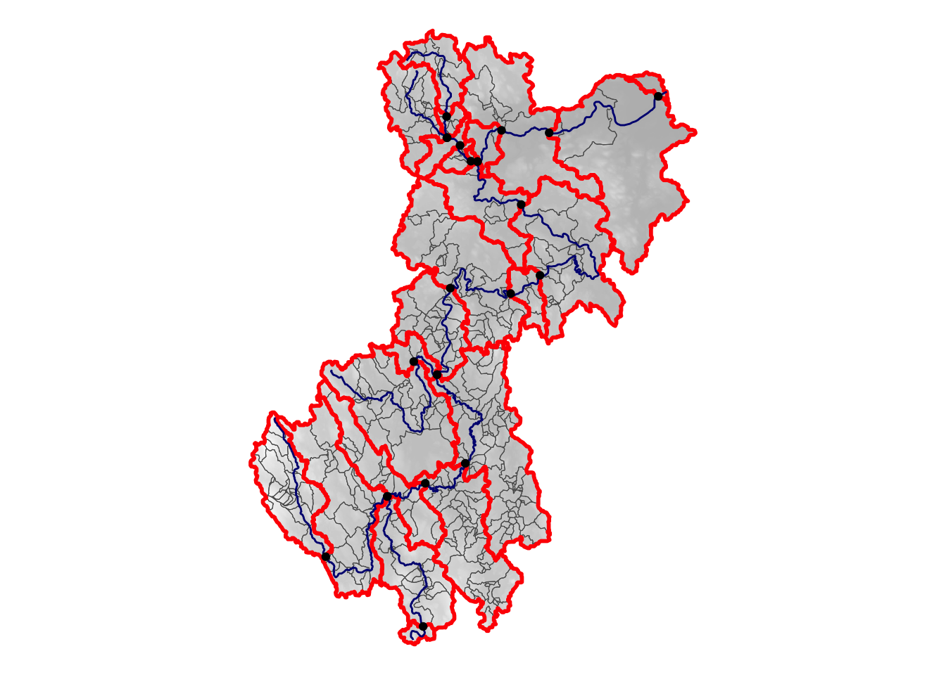 An idealized map showing catchment polygons with a connected network of rivers.