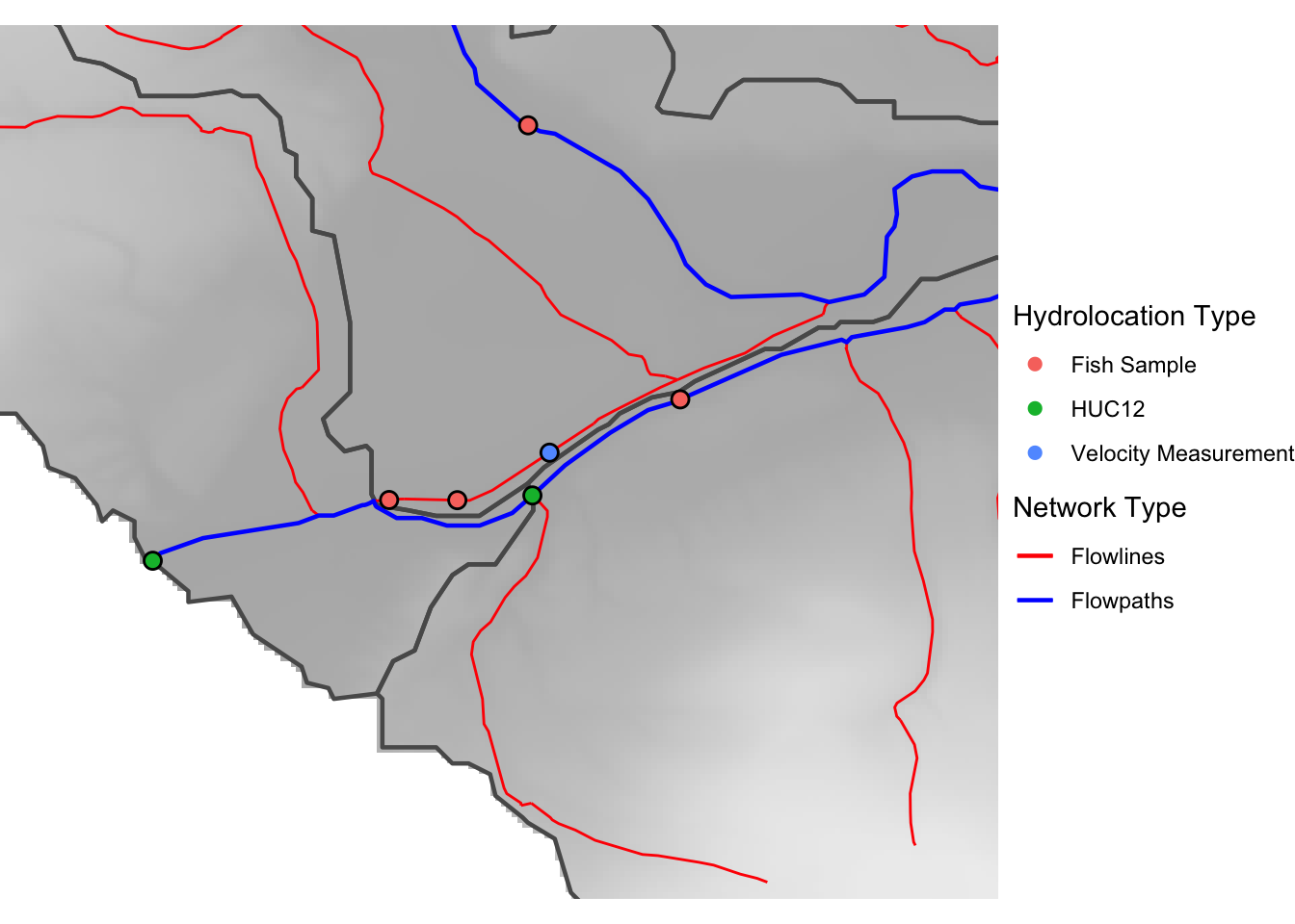 An idealized map showing points of interest along lines that represent rivers.
