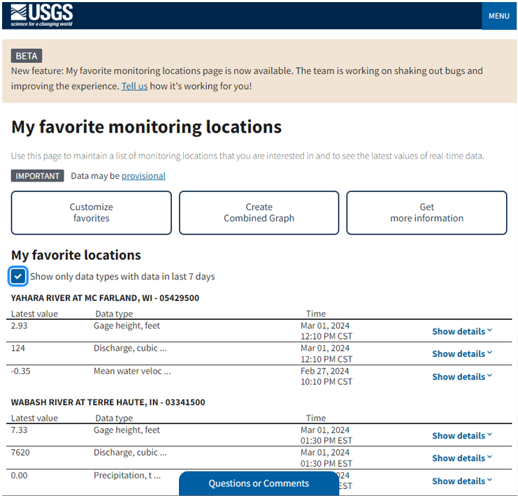 My Favorites featuring a series of buttons for you to change what locations and data are on the list, interact with the Combined Location Graph, and interact with the underlying data on the page.  This is paired with a list of the latest real-time data for all locations for easy at-a-glance information.