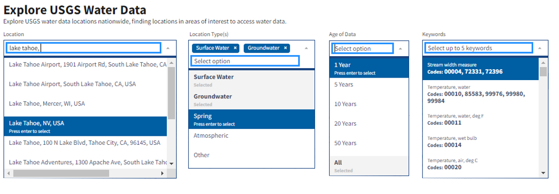 Examples of the drop down menus available to customize requested data.