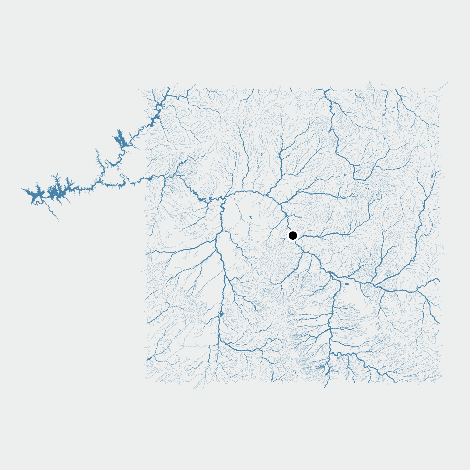Map of the downloaded National Hydrography Dataset river with variable line widths scaled to stream order so larger rivers appear more visually prominent. The streamgage is plotted in the center with a black dot.