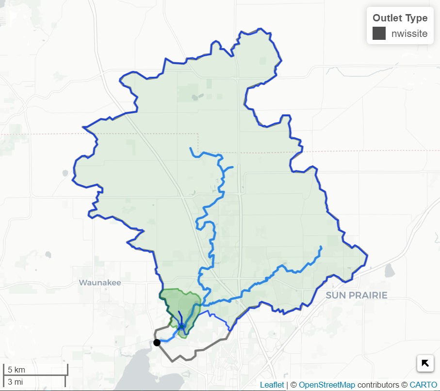 Simple map depicting a custom delineated drainage basin.