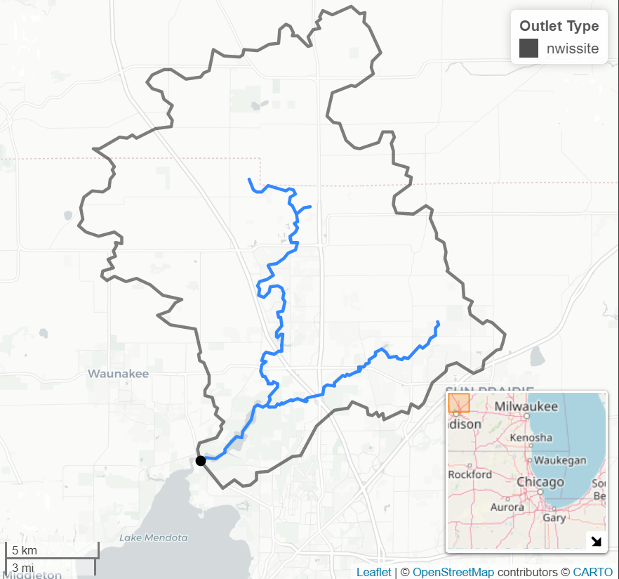 Simple map depicting a drainage basin upstream of a streamgage.