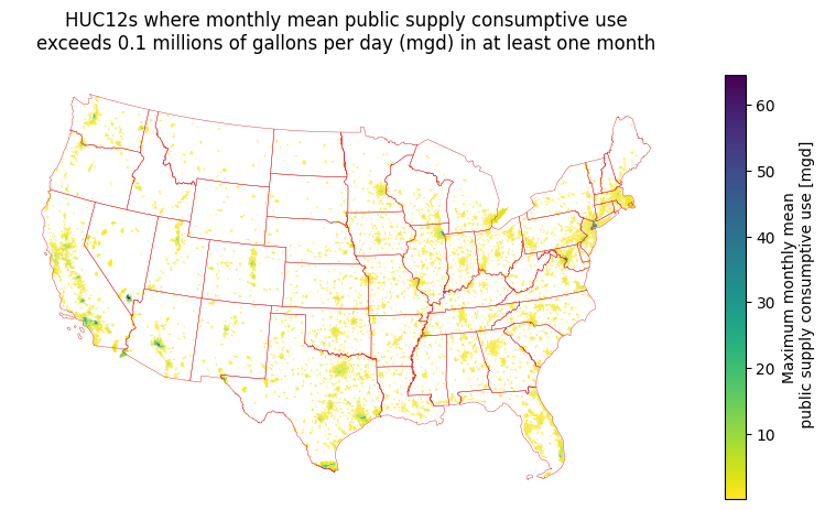 The map above displays maximum monthly mean public supply consumptive use values for 12-digit hydrologic units (HUC12s) in the continental United States where public supply consumptive water use exceeds the 0.1 millions of gallons per day (mgd) threshold specified earlier in the workflow in at least one month of the period of record. (All HUC12s that do not meet this criteria are shown in white.) The highest consumptive water use tends to coincide with higher population areas.
