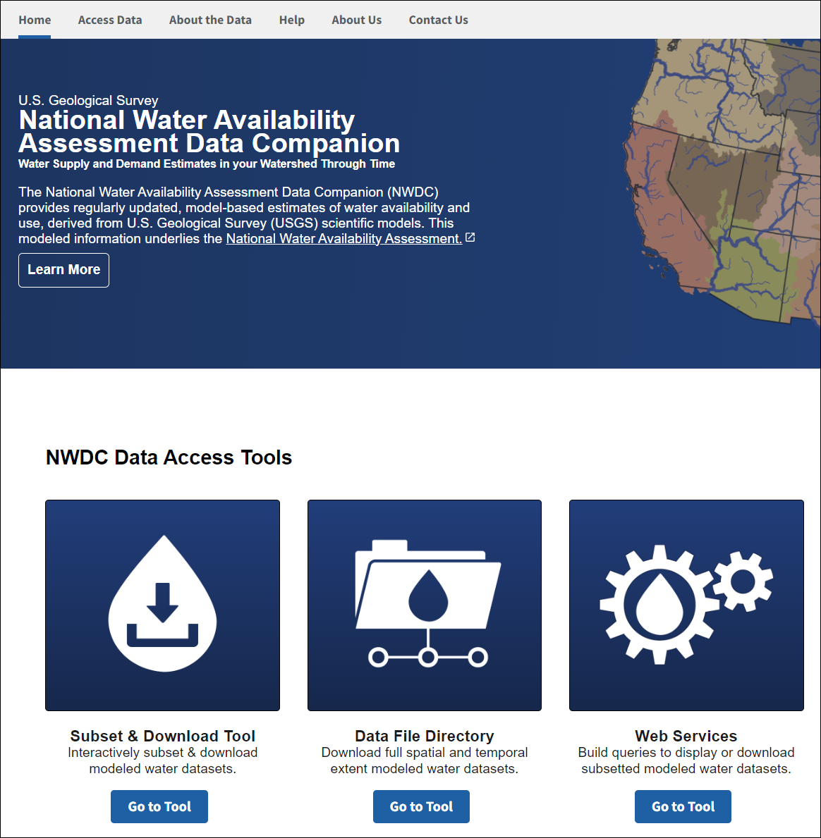 Screenshot of the Data Companion landing page, showing the three data tools listed in the caption.