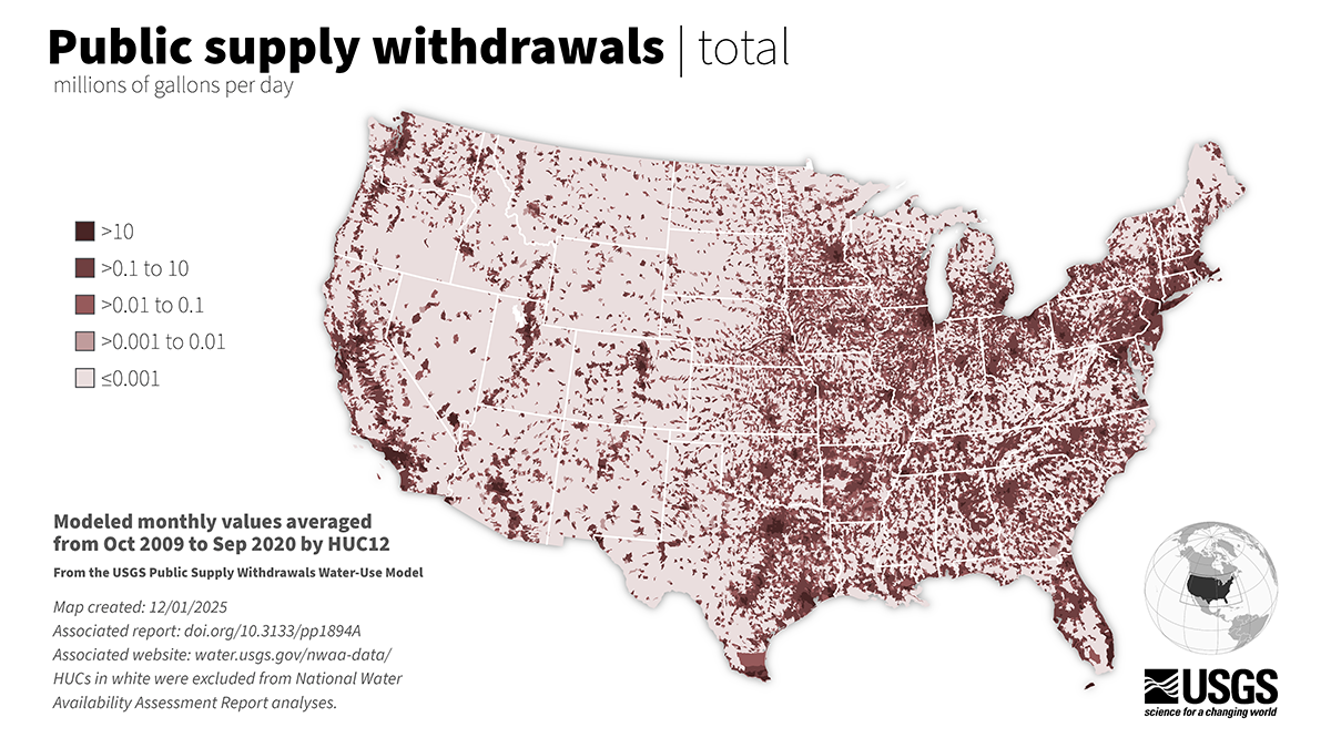 Public supply withdrawals across the U.S. showing high quantities around cities and in the eastern U.S.