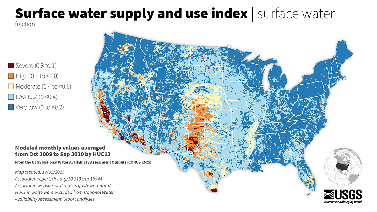 Categories include severe, high, moderate, low, and very low with higher Supply and use index values in the southcentral High Plains, around the Mississippi Embayment, and in the central valley of California.