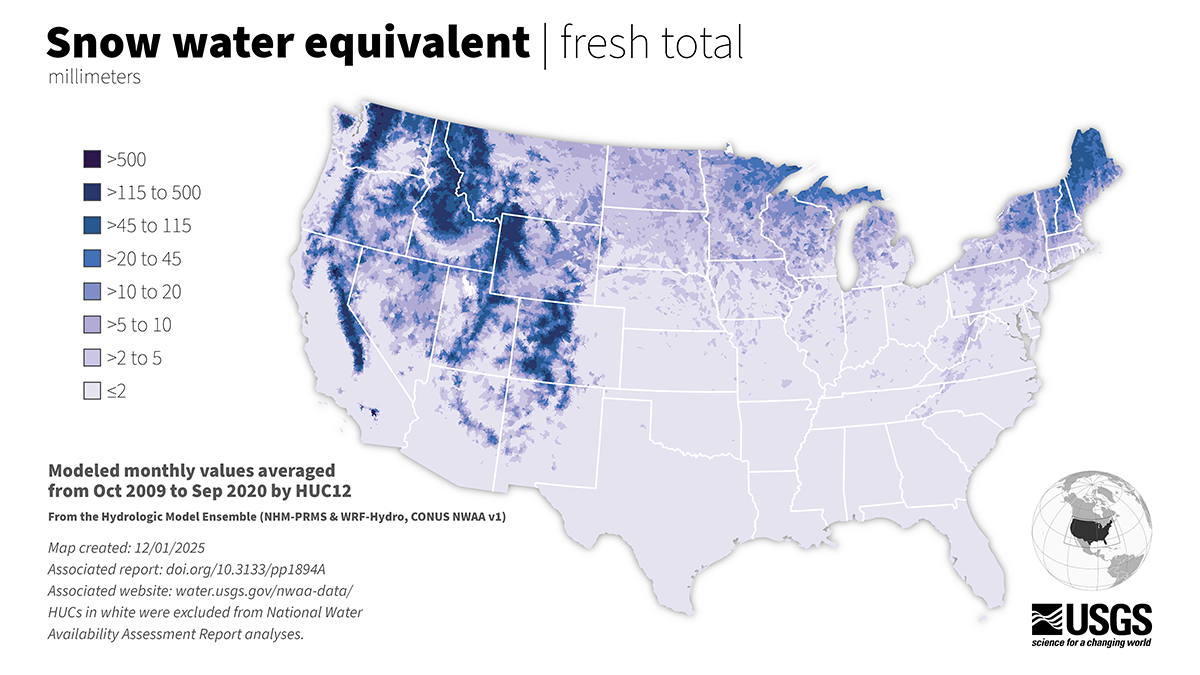 Snow water equivalent map in millimeters, showing high water supply from snow water in the western and northern states.
