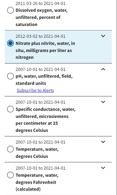 Parameter option Nitrate plus nitrate, water selected in the mobile version of the Parameter Selection Table. Each parameter includes period of record followed by parameter name with a radio button to select the parameter.