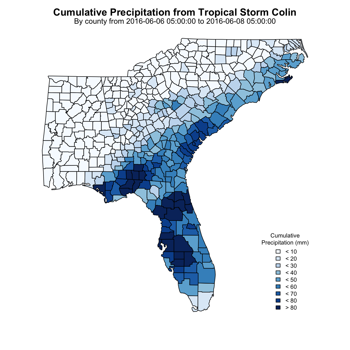 Visualizing Tropical Storm Colin Precipitation using geoknife