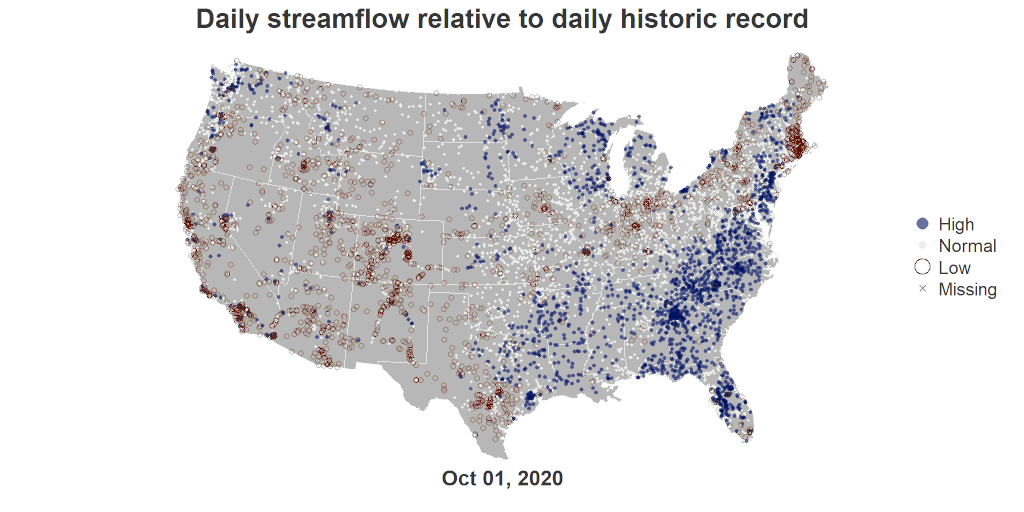 Map animating through time, starting October 1, 2020 and ending October 31, 2020. Points on the map show USGS stream gage locations and the points change color based on streamflow values. They are red for low flow (less than 25th percentile), white for normal, and blue for high flow (greater than or equal to 75th percentile).