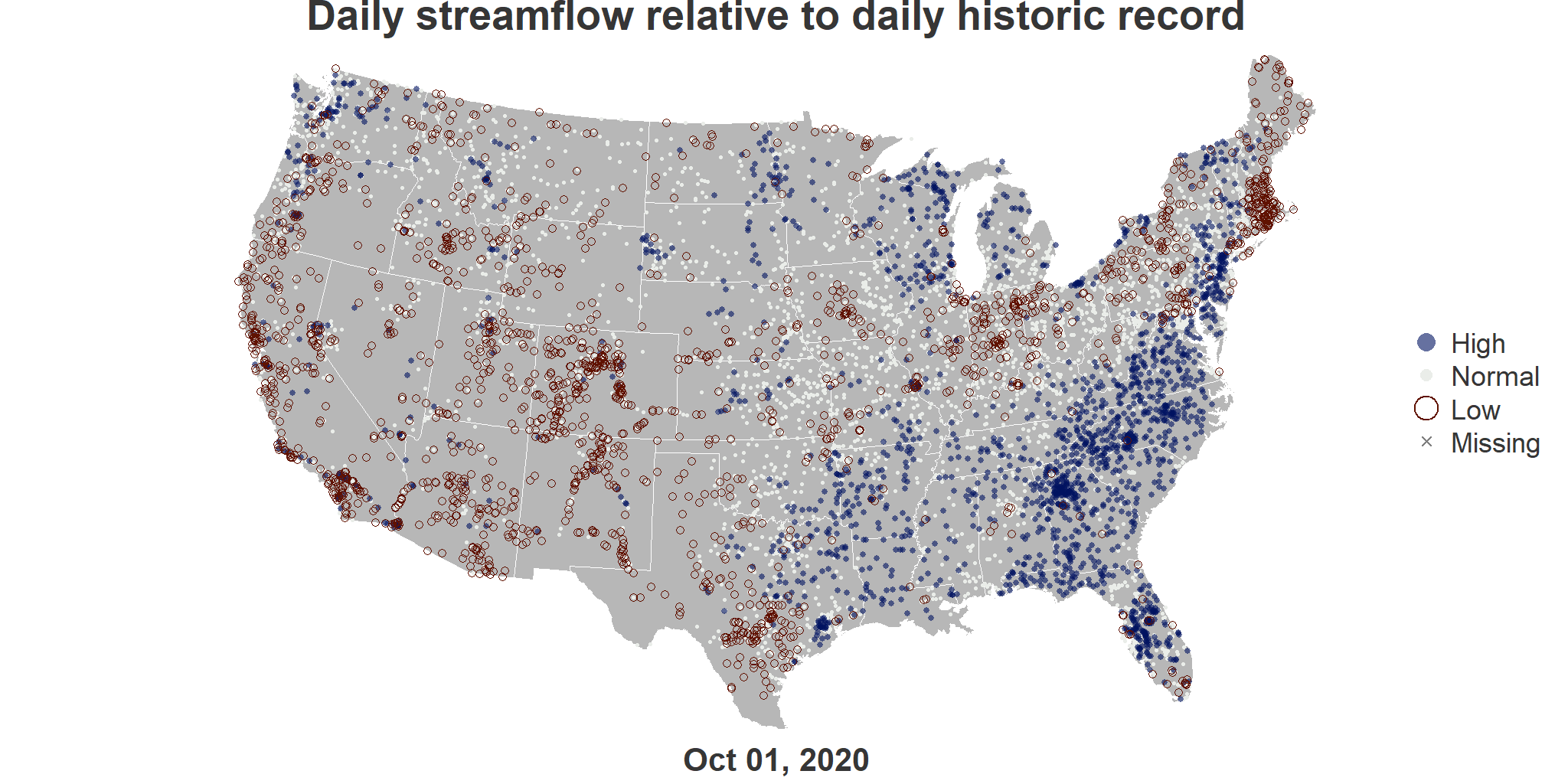 Map depicting October 1, 2020 streamflow data with points colored red for low flow (less than 25th percentile), white for normal, and blue for high flow (greater than or equal to 75th percentile).