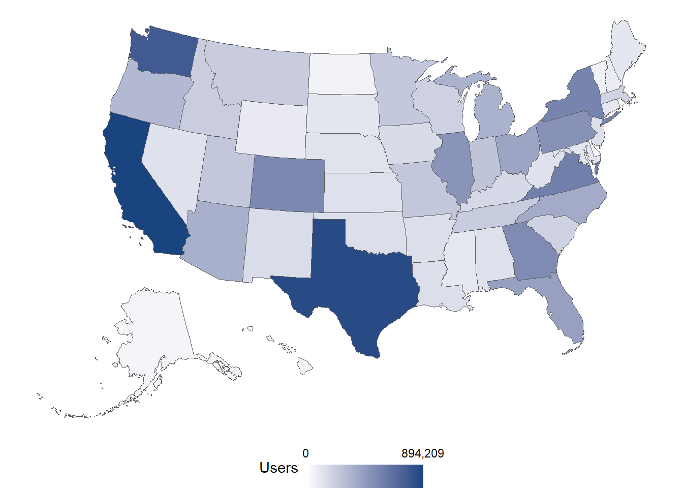 A map of the distribution of users across the United States showing the highest traffic from Washington, California, and Texas.