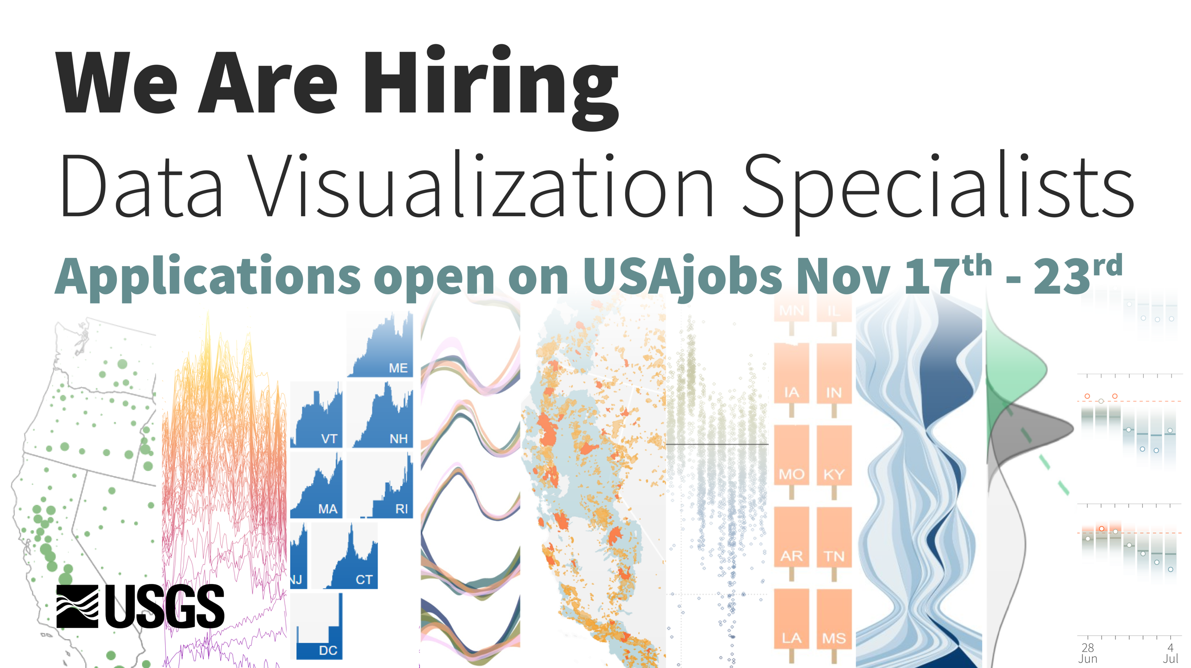 A banner announcing “We are hiring data visualization specialists. Applications will be open on USAjobs Nov 17th-23rd “.  A collection of images shows different chart and map data visualizations from USGS.