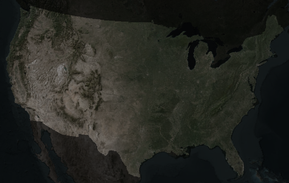 A map of the conterminous Unites States. It shows a darkened landscape where the area within the United states is brighter and areas outside the United States are darker.