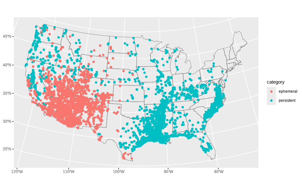 A basic generic map of the conterminous Unites States. There are blue points throughout the United States, especially concentrated along the Atlantic Coast and the Mississippi Delta. There are red points concentrated near the American Southwest.