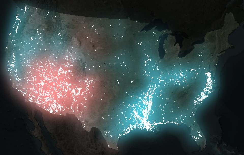 A map of glowing points within the conterminous Unites States on a darkened landscape basemap. There are blue points throughout the United States, especially concentrated along the Atlantic Coast and the Mississippi Delta. There are red points concentrated near the American Southwest.