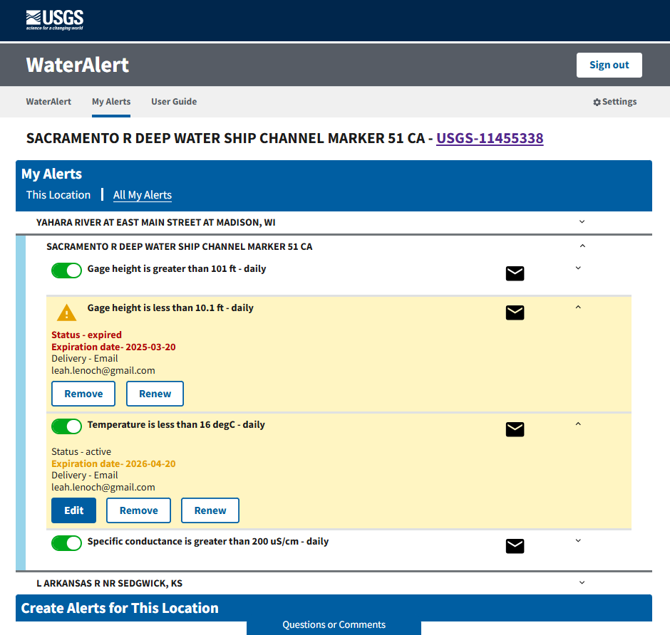 Screenshot of the My Alerts list in WaterAlert, highlighting alerts that have expired or will soon expire. There is a Renew button that can be clicked to update the expiration date so you continue to receive the alert.