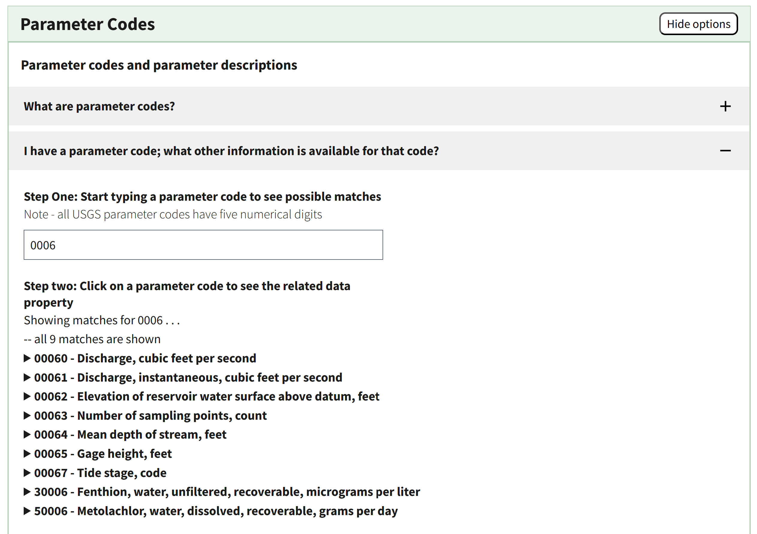 Image showing the parameter code search tool of the Parameter Codes section, where the search on 0006 returns all parameter codes and their descriptions that match the search.