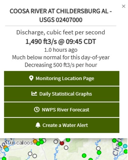 Screenshot of Coosa River at Childersburg AL (USGS 02407000) selected on NWD with similar at-a-glance information on the latest data and trends with new buttons linking to key resources. The popup on the map shows 4 green links: first to the Monitoring Location page, second to the daily statistical graph on WDFN, third to the National Water Prediction Service River forecast, and fourth to create a WaterAlert.
