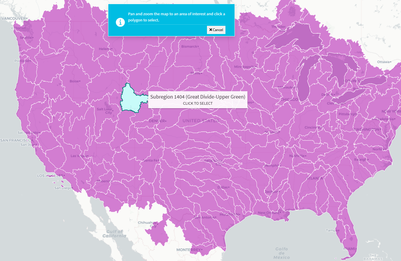 Screenshot of the HUC-4 selection where the HUC-4 the mouse is hovering over turns cyan while the available HUC-4s to be selected are in magenta with white borders.