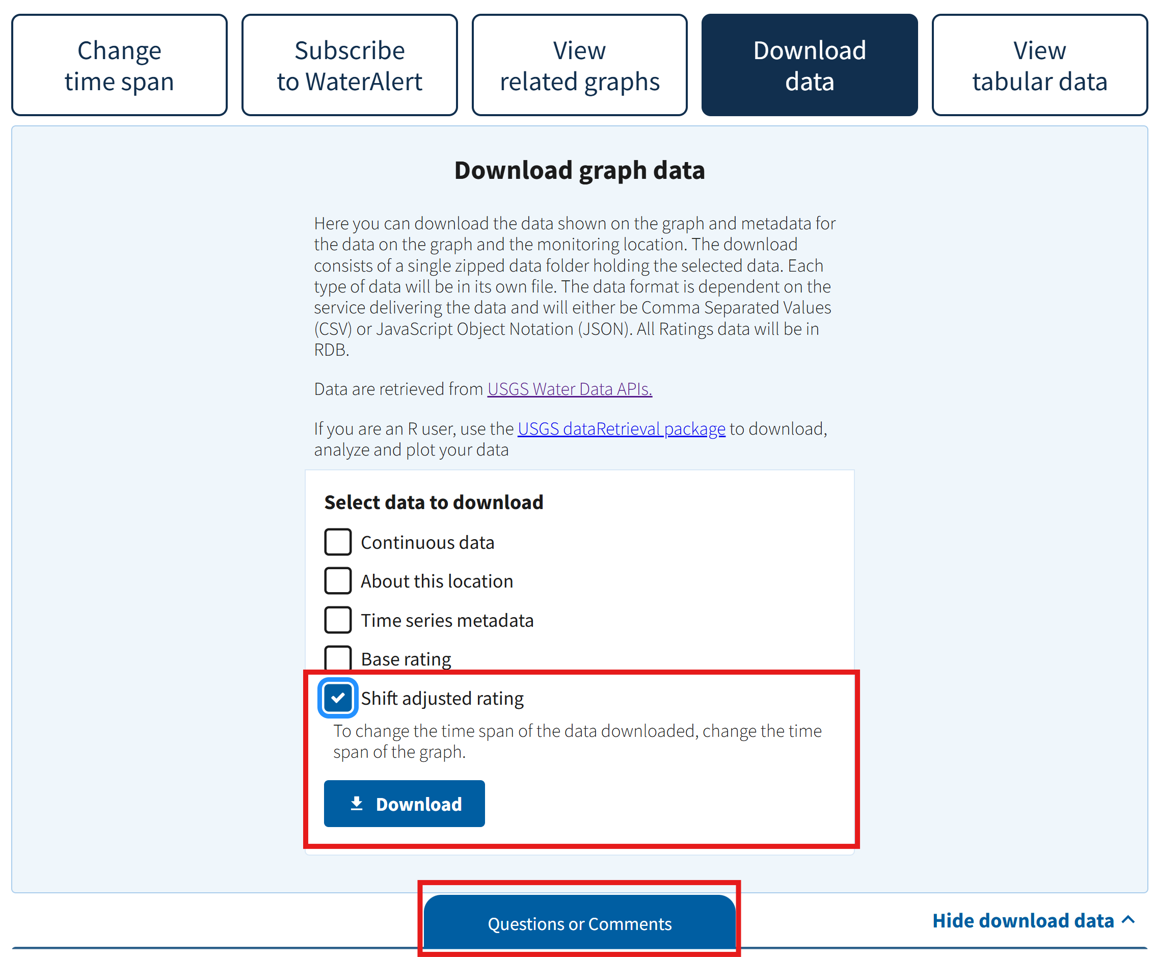 Screenshot of the MLP for Wabash River at Terre Haute, IN showing the Download data action button expanded to show where to select and download the base and shift-adjusted rating curves, as well as the Questions or Comments link that can be used to contact the office that manages the location with any specific questions.