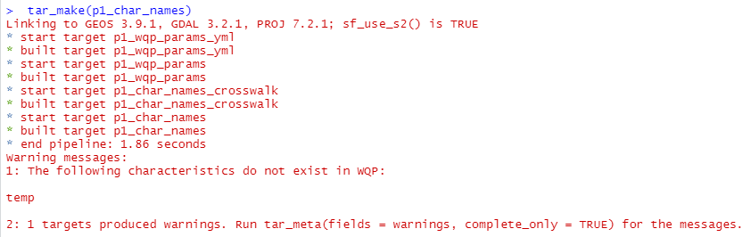 A screenshot of the R console output for the example pipeline. The console output indicates that the wqp characteristic target named p1_char_names and all of the associated upstream targets are building. After building the console warns that the temp characteristic does not exist in the water quality portal. This warning message is one of the two pipeline features that can help the user determine whether or not they have specified a valid characteristic name.