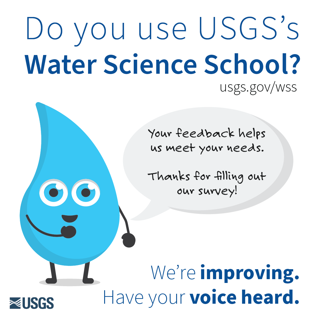 Text at the top reads 'Do you use USGS's Water Science School? usgs.gov/wss.' Drippy stands on the left with a speech bubble on the right that reads, 'your feedback helps us meet your needs. Thanks for filling out our survey!' The text at the bottom reads, 'we're improving. have your voice heard.'